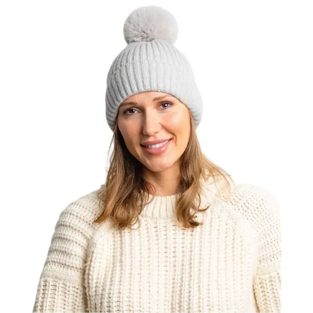 Hat Attack Gray Classic Ribbed Beanie Faux Fur Pom Women's One Size NWOT